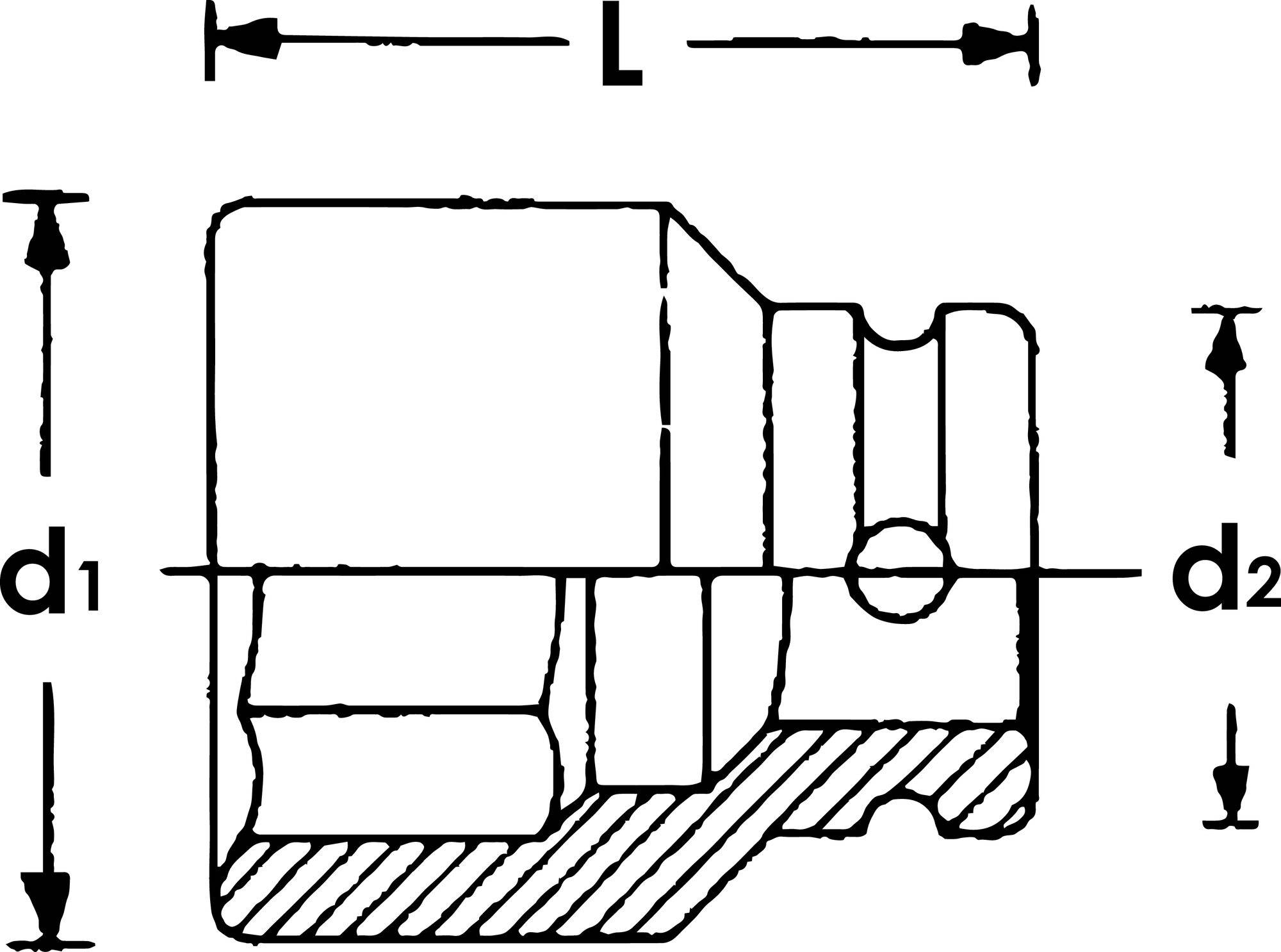 Dessin technique d'une pièce d'adaptation avec les diamètres 'd1', 'd2' et la longueur 'L'. Présente une coupe transversale avec des dimensions précises.