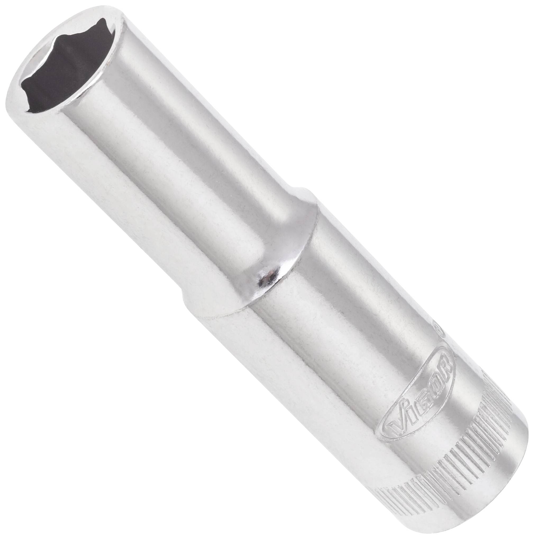 Une clé à cliquet en argent à surface lisse, avec une ouverture hexagonale pour les vis, adaptée aux travaux de bricolage et de réparation.