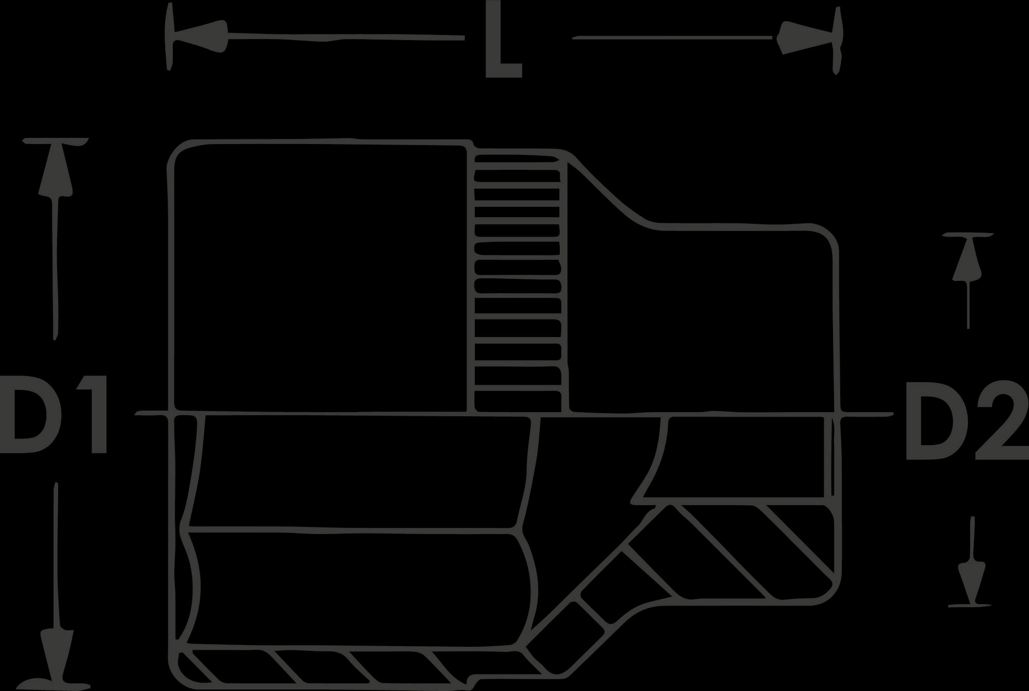 Dessin technique d'un raccordement de tuyau avec les dimensions L, D1 et D2. La coupe transversale montre le filetage intérieur et les joints d'étanchéité.