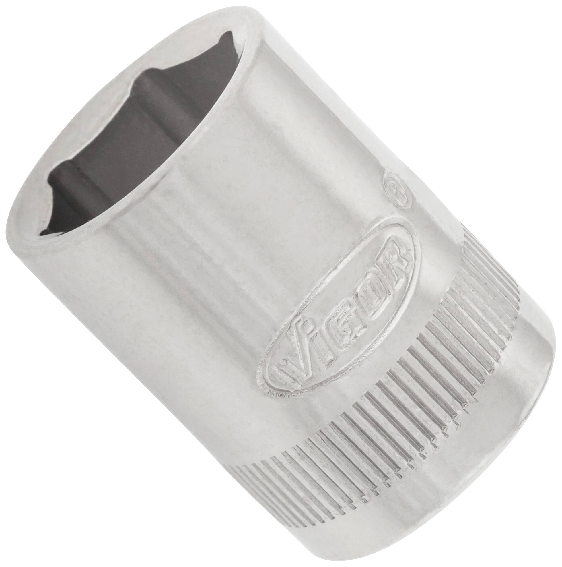 Embout de clé à douille en métal, cylindrique, avec logo gravé. Utilisé pour serrer ou desserrer des vis et des écrous.