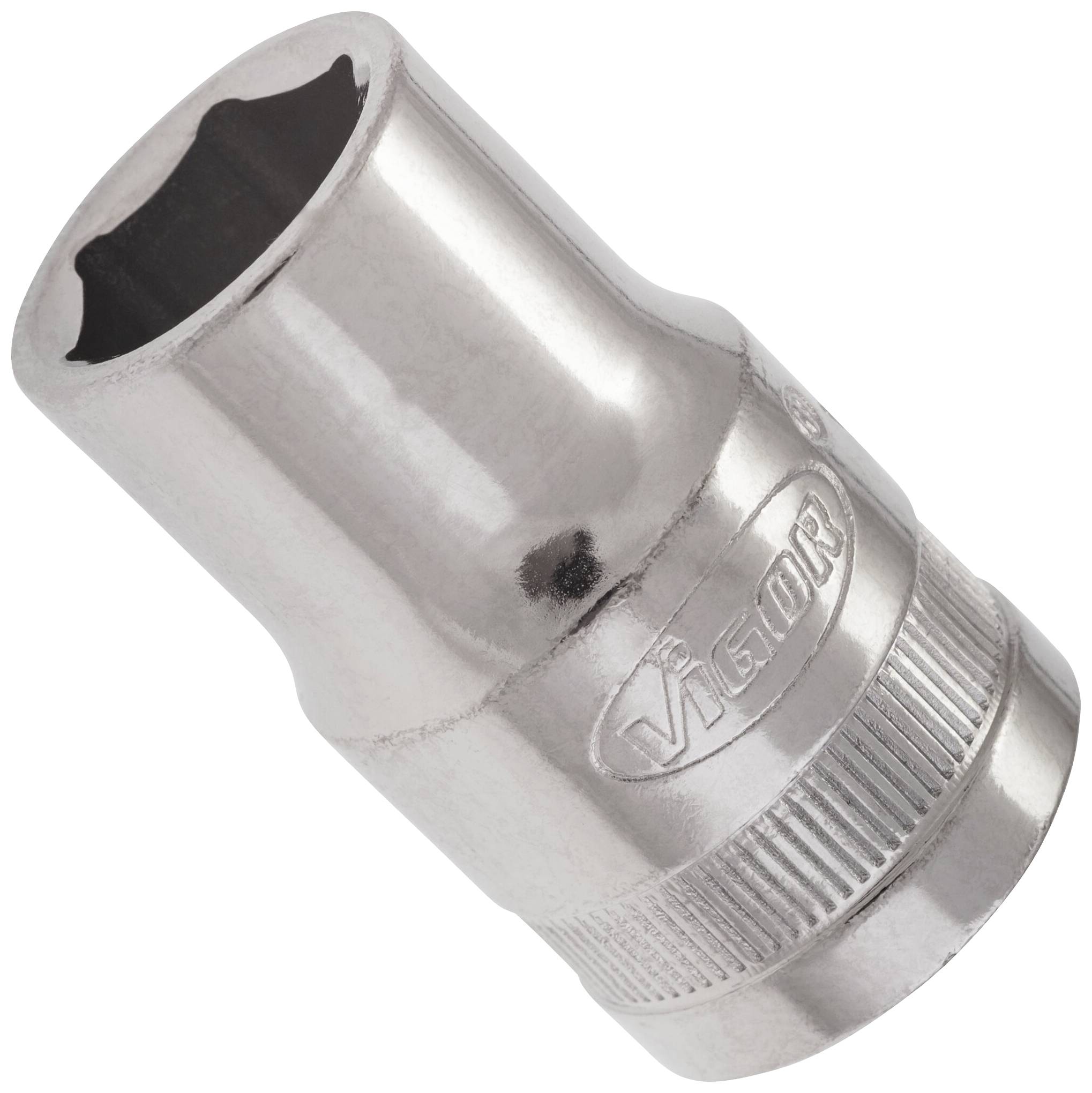 Une douille hexagonale en argent avec bord cannelé et le nom de marque 'Vigor'. Adaptée pour une utilisation en outillage.