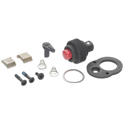 Pièces détachées d'un kit de réparation, comprenant des vis, des ressorts, des joints et un interrupteur avec bouton rouge.