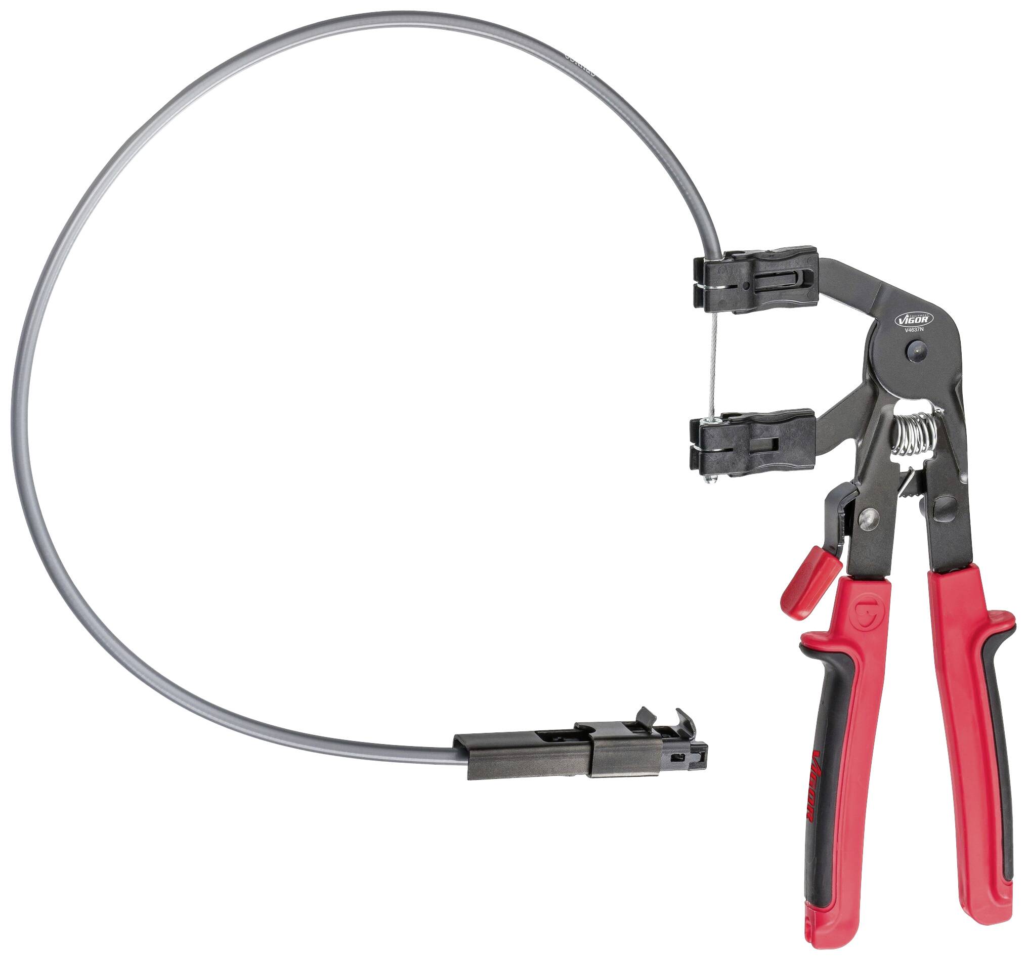 Pince avec poignée rouge et rallonge flexible permettant de saisir facilement des objets difficiles d'accès.