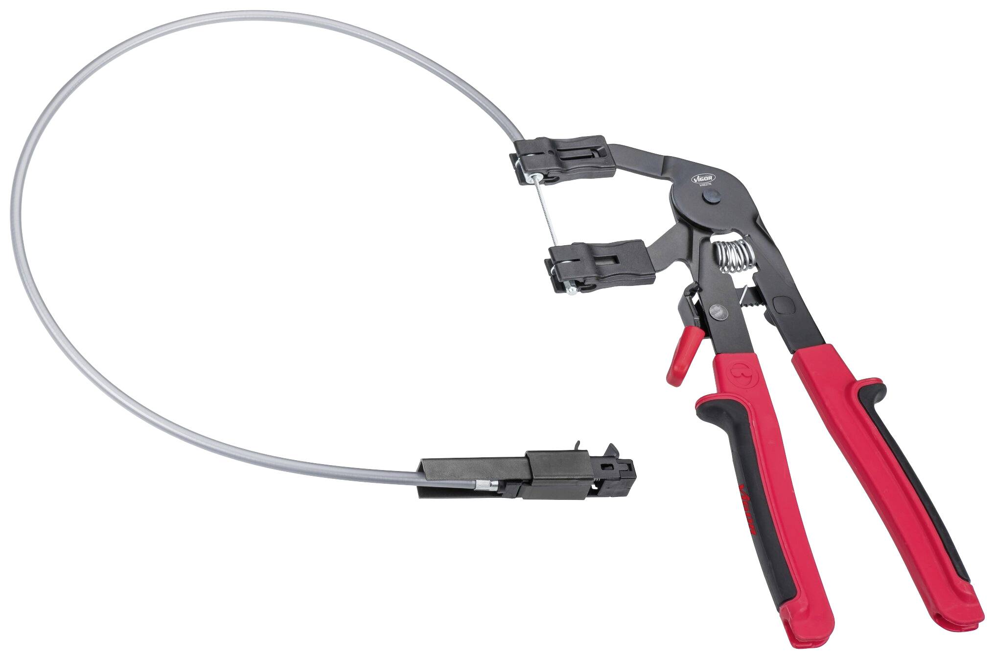 Une pince avec une poignée rouge et un câble métallique, probablement destinée au domaine automobile. Elle dispose d'un mécanisme à levier et d'une connexion de câble.