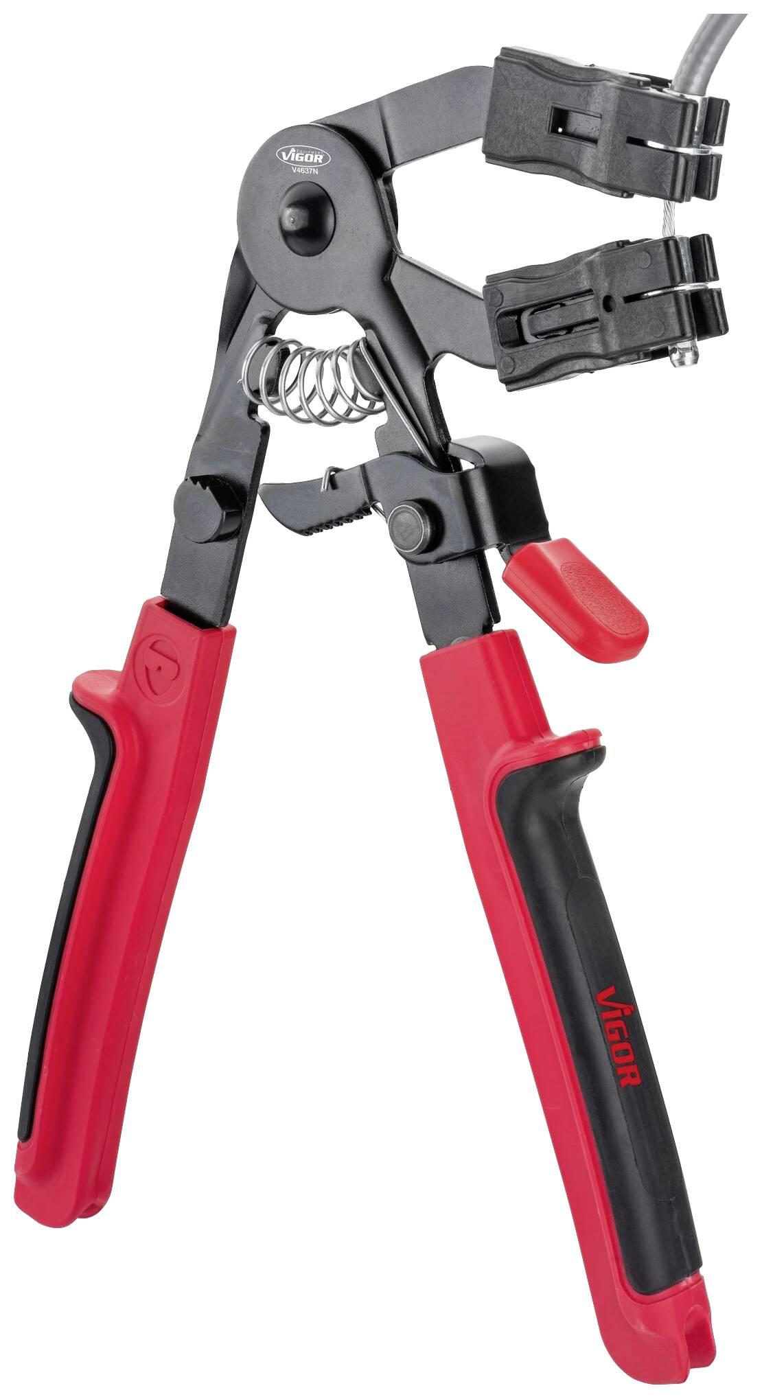 Une pince à dénuder à tête noire et poignées rouges, avec un mécanisme à ressort apparent, adaptée aux travaux sur câbles.