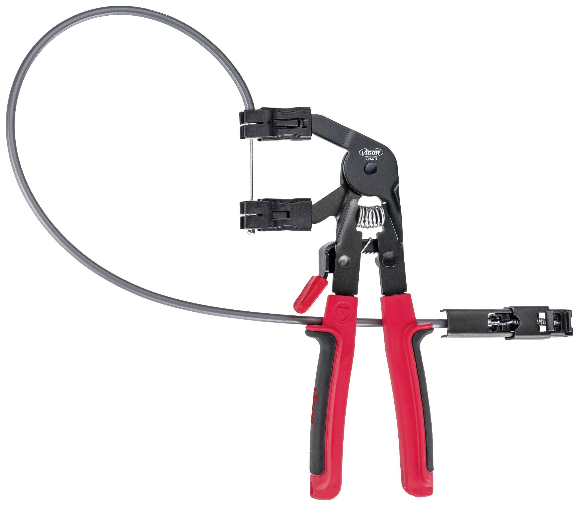 Pince avec poignée rouge et câble flexible, adaptée au desserrage des colliers de serrage dans des zones difficiles d'accès.