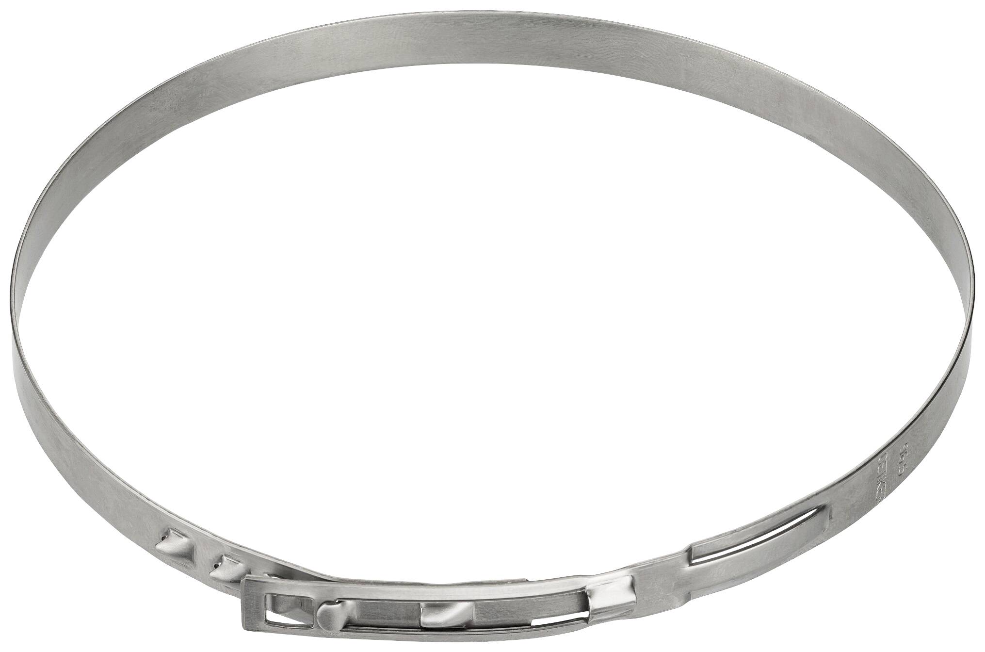 Collier de serrage en acier inoxydable avec mécanisme de verrouillage, typiquement utilisé pour fixer des tuyaux ou des tubes, sur fond blanc.