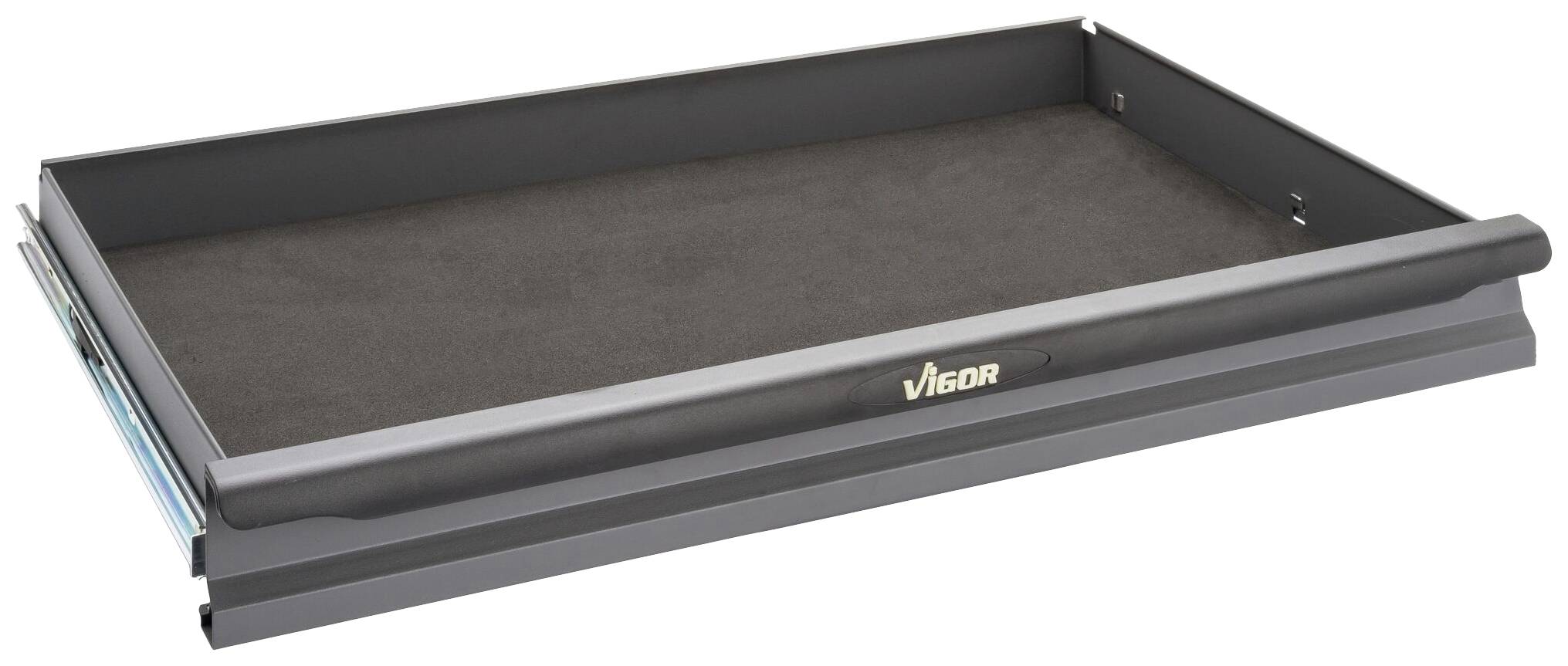 Surface de rangement en métal noir avec un bord légèrement surélevé, logo 'Vigor' sur l'avant, adaptée au rangement des outils.