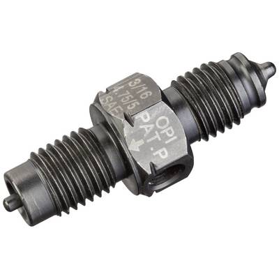 Un raccord métallique noir fileté, probablement un composant hydraulique ou pneumatique, présente des spécifications techniques gravées.