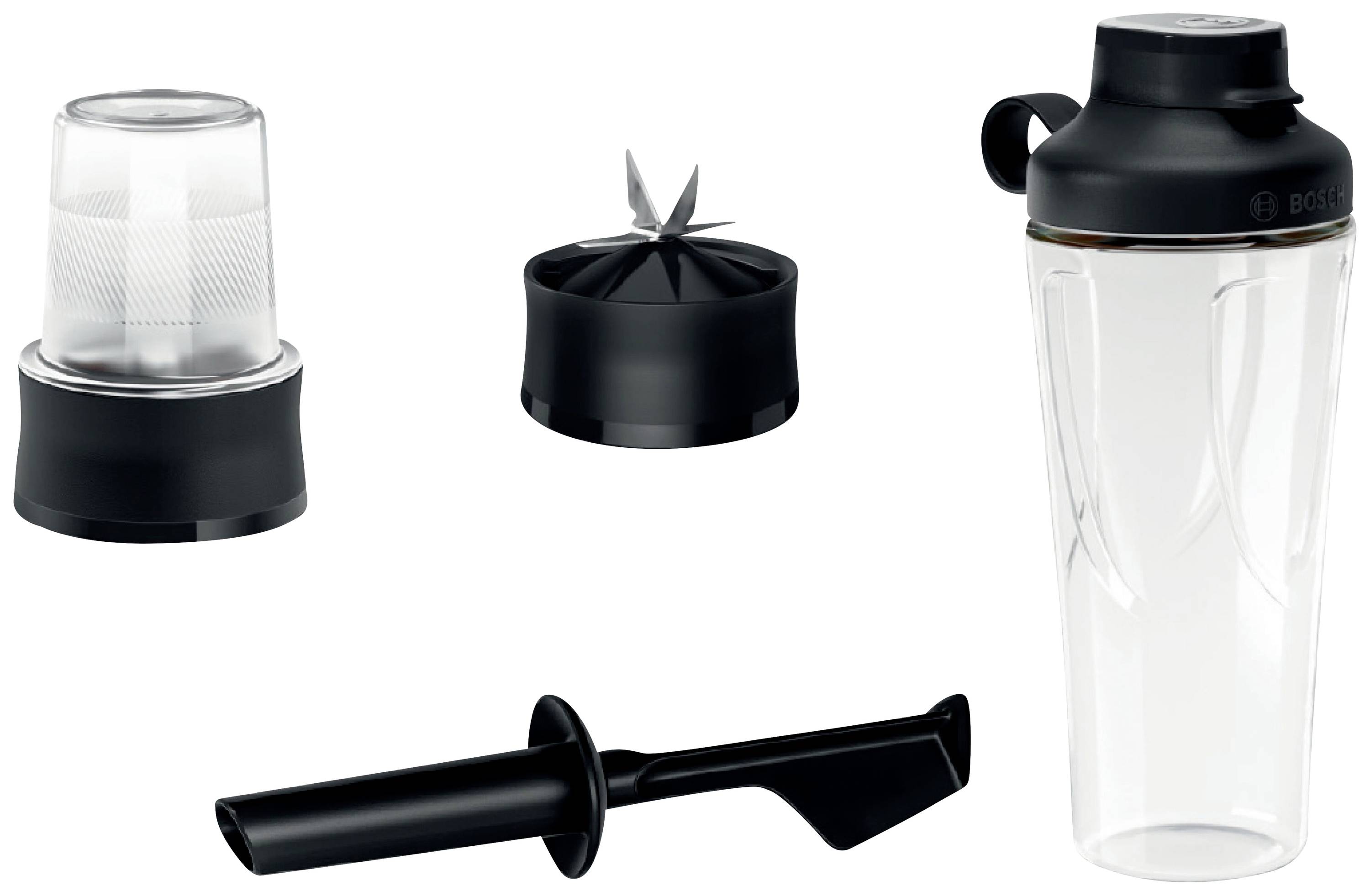 Ensemble d'ustensiles de cuisine : Récipient mélangeur transparent avec couvercle noir, base noire avec couteaux, insert filtrant et pilon noir.