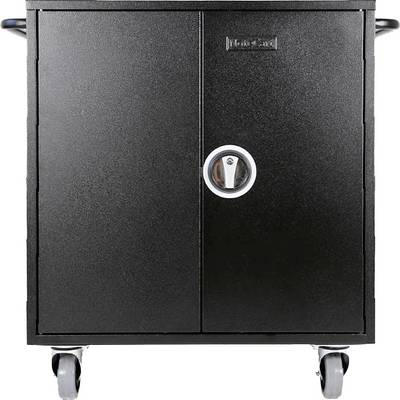 Chariot mobile en métal noir avec serrure, adapté pour le transport ou le stockage. Logo de la marque visible sur les portes.