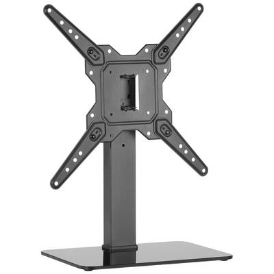 Support de téléviseur avec fixation VESA, pivotant et inclinable, adapté aux écrans plats. Métal noir, base rectangulaire.