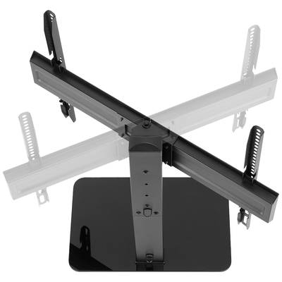 Un support de télévision noir avec un support réglable en hauteur et une base stable pour téléviseurs à écran plat, représenté de profil.