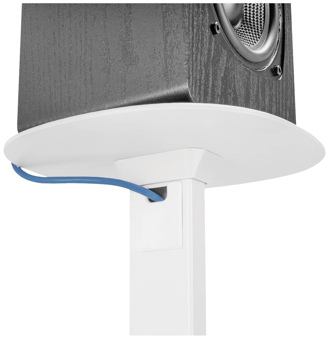 Un haut-parleur est posé sur un support blanc. Un câble bleu passe à l'intérieur du support et est visiblement fixé.