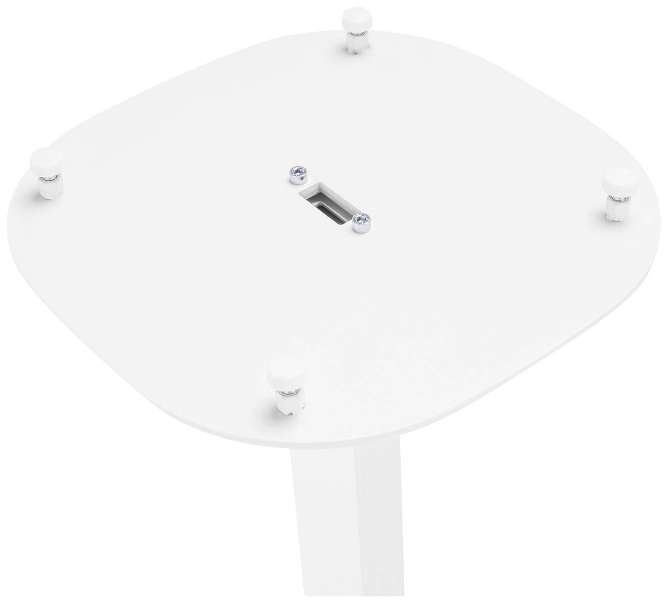 Plateau de table blanc aux coins arrondis avec une fente centrale, reposant sur quatre petits pieds ronds, fixé sur un socle blanc.