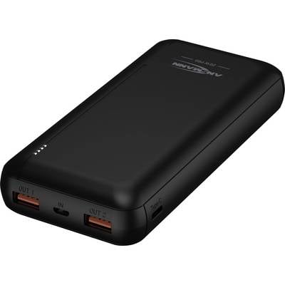 Batterie externe noire avec deux ports USB et un port USB-C, adaptée pour charger des appareils mobiles pendant vos déplacements.