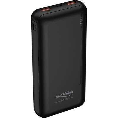 Batterie externe noire avec deux ports USB et quatre voyants LED indiquant le niveau de charge. La marque 'Ansmann' est inscrite sur la face avant.