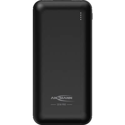 Une batterie externe noire portant l'inscription 'Ansmann 20W Pro'. Quatre petites LED indiquent le niveau de charge.
