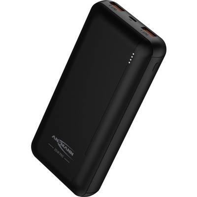 Chargeur portable noir avec deux ports USB et quatre voyants LED indiquant le niveau de charge.