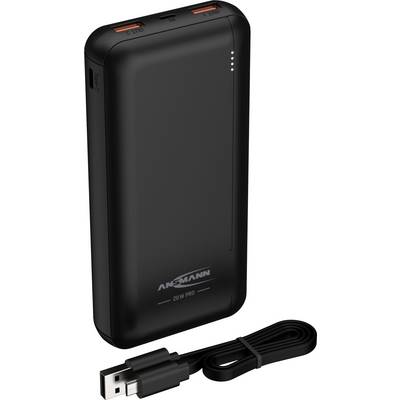 Une batterie externe noire avec deux ports USB et un câble USB fourni. Le devant présente quatre indicateurs de charge.
