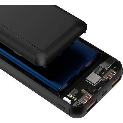 'Illustration d'un chargeur portable désassemblé avec ses composants internes visibles tels que la batterie, les circuits électroniques et les connecteurs.'