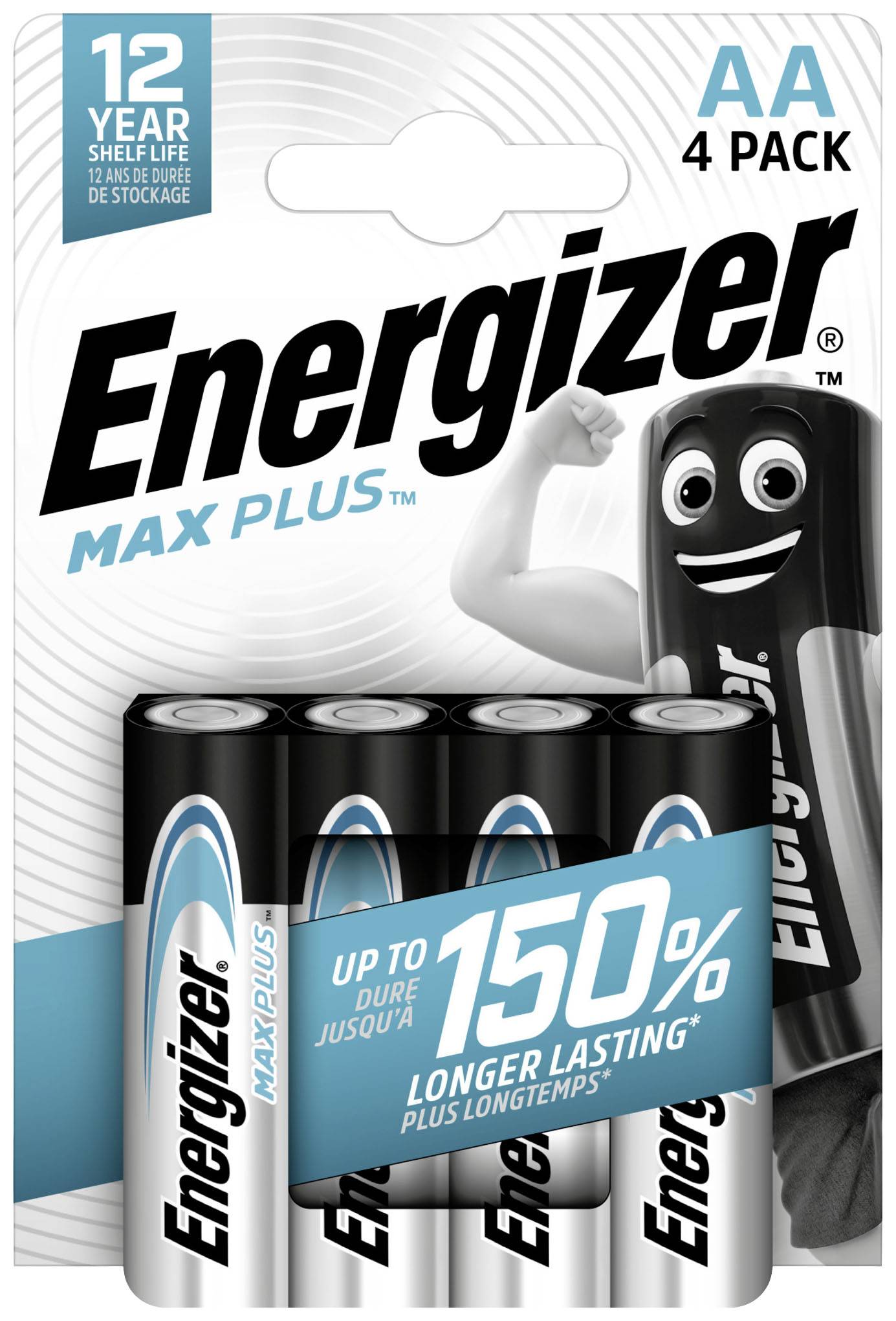 Quatre piles AA de la marque Energizer Max Plus avec une promesse d'une durée de vie allant jusqu'à 150 % plus longue par rapport aux piles standard. L'emballage présente une mascotte.