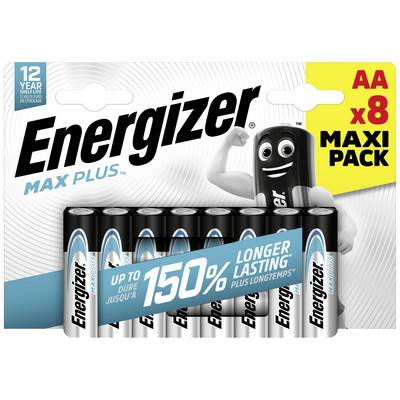 Emballage de piles Energizer contenant dix piles AA, faisant la publicité de '150% d'autonomie plus longue', à côté d'une figure de batterie noire souriante.