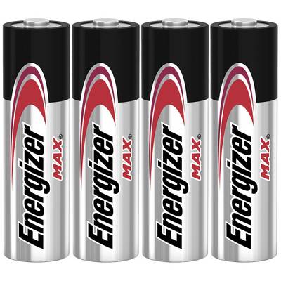 Quatre piles Energizer Max alignées, de couleur argent avec des inscriptions en rouge et en noir.