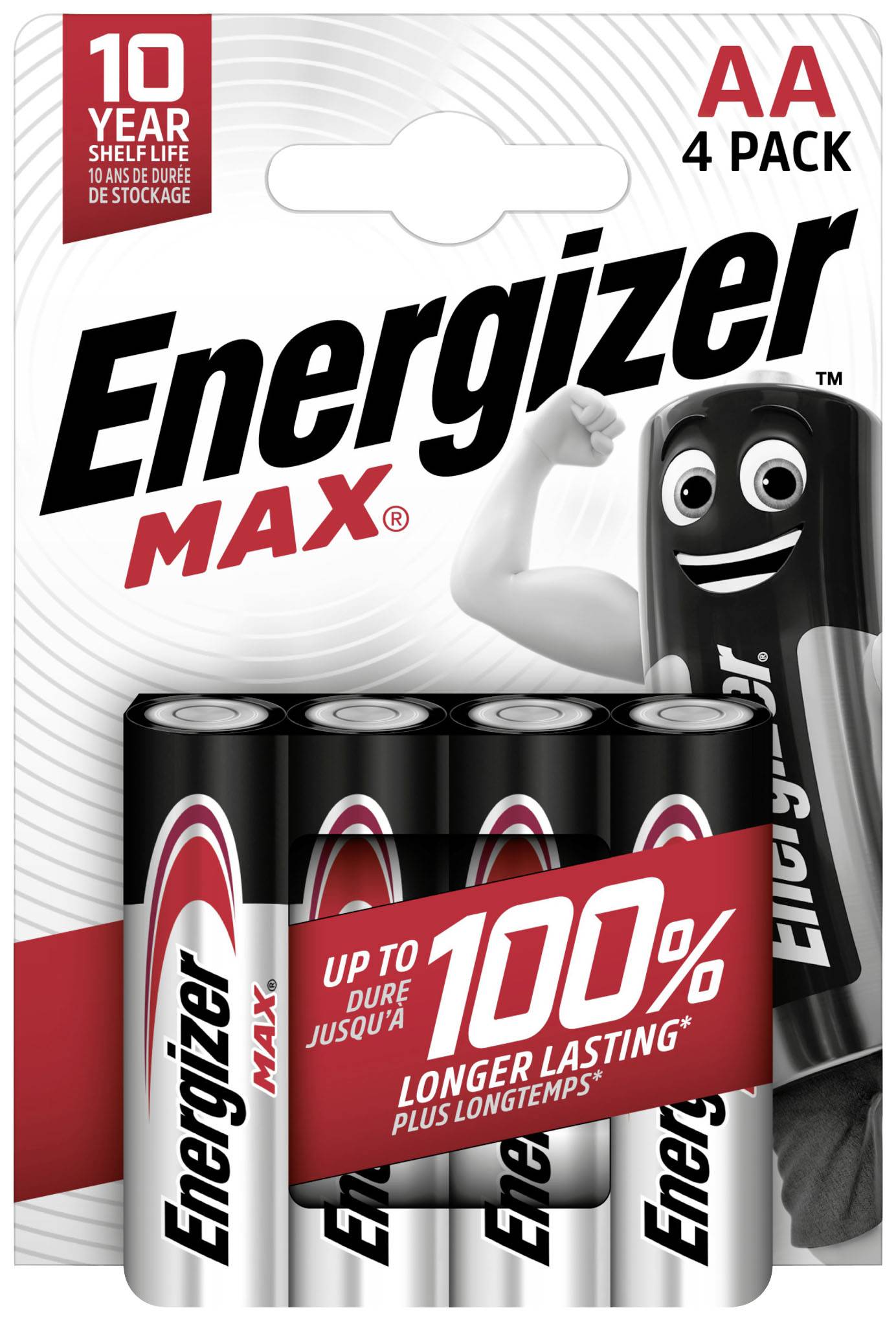Pack de 4 piles Energizer Max AA avec une durée de conservation de 10 ans. L'emballage représente une figurine de batterie souriante.
