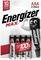 Pack de 4 piles AAA Energizer, durables jusqu'à 10 ans, promettant jusqu'à 100% de durée de vie prolongée. Emballage avec mascotte de batterie.