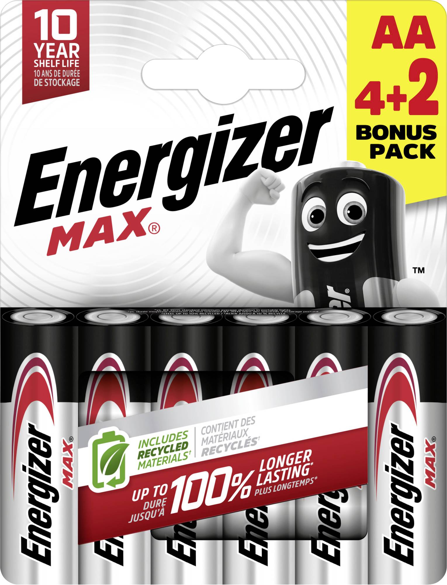 'Pack de piles Energizer Max AA, 4+2 pack bonus. Contient des matériaux recyclés. Durée de conservation de 10 ans.'