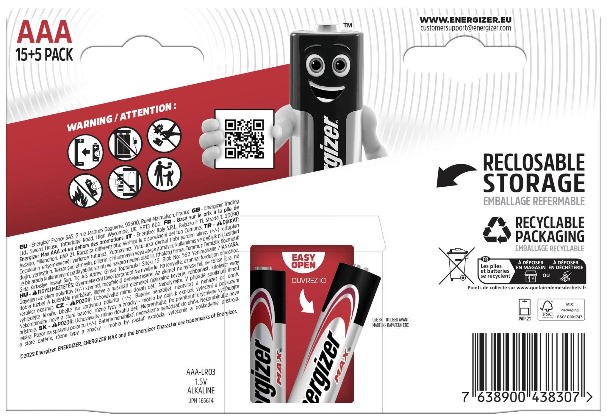 Pack de piles 'AAA 15+5' avec l'image d'une mascotte de batterie indiquant les symboles d'avertissement et les informations de recyclage.