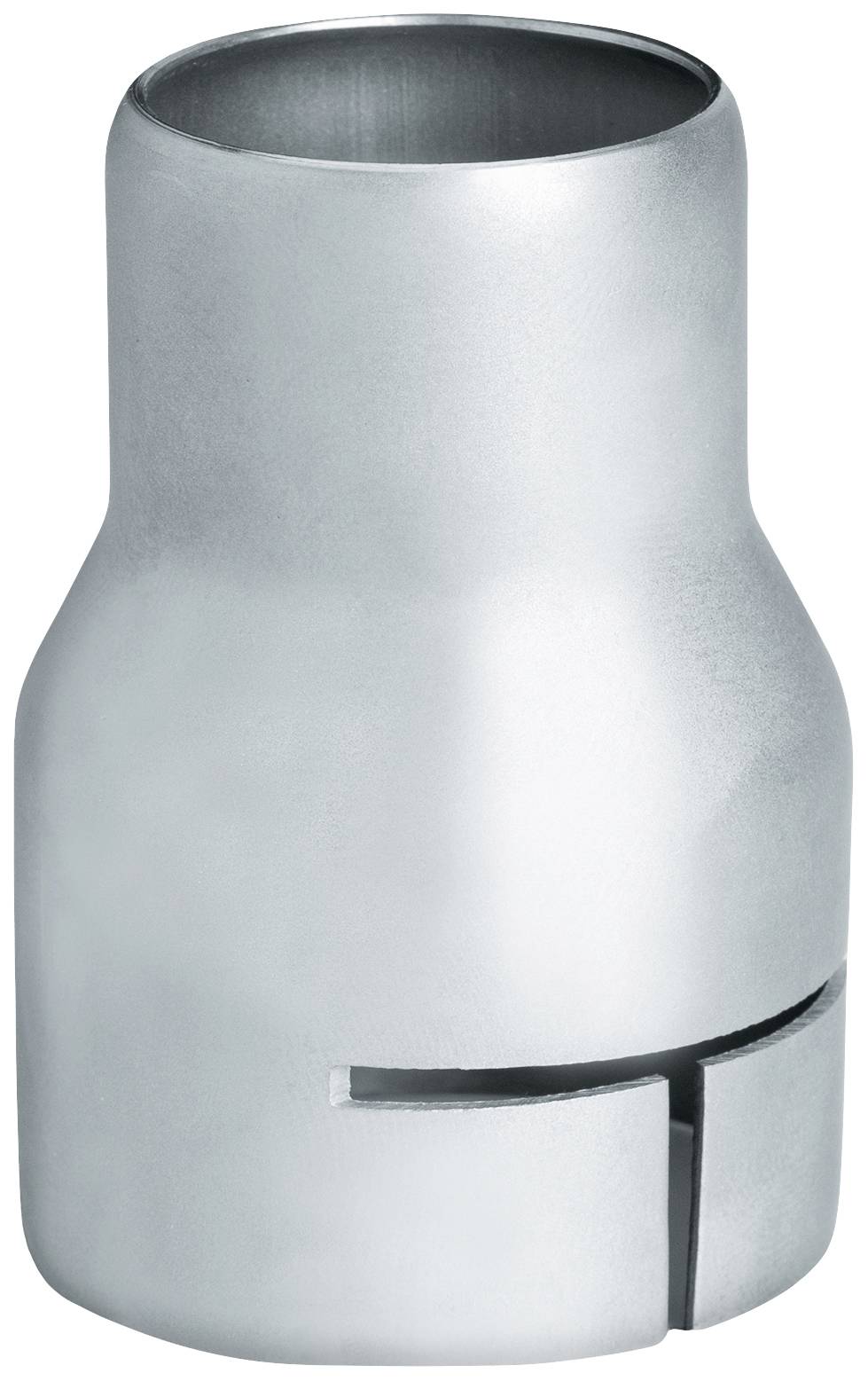 Pièce métallique cylindrique en argent avec une fente sur sa face inférieure, utilisée dans des connexions mécaniques ou comme adaptateur.