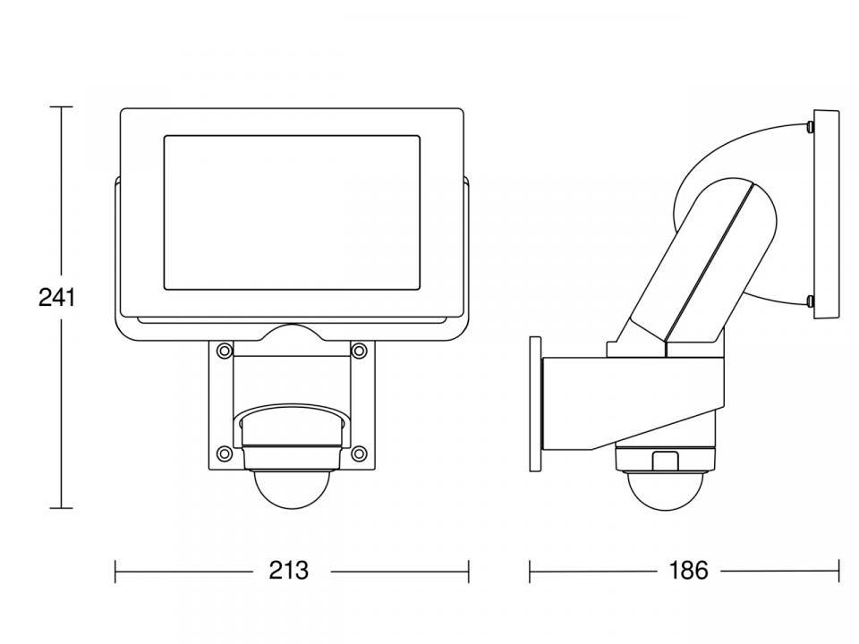 Dessin technique d'un appareil photo ; montre une vue de face, une vue latérale et les dimensions : hauteur 241 mm, largeur 213 mm, profondeur 186 mm.