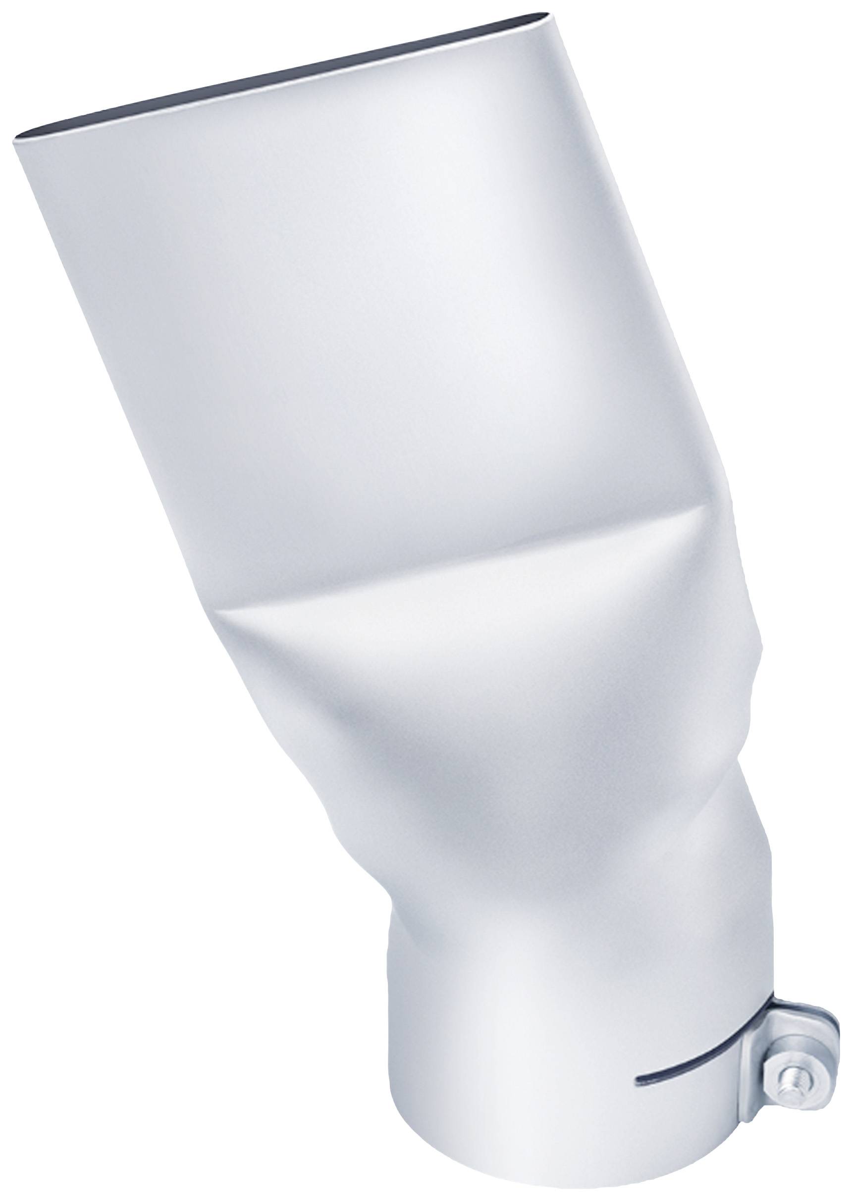 Tube métallique à extrémité biseautée et pince sur le côté, pouvant servir de composant d'échappement ou de ventilation.