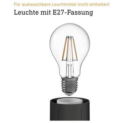Luminaire avec culot E27 avec source lumineuse interchangeable ; l'ampoule est insérée dans un luminaire noir, mention « Pour sources lumineuses interchangeables (non incluses) ».