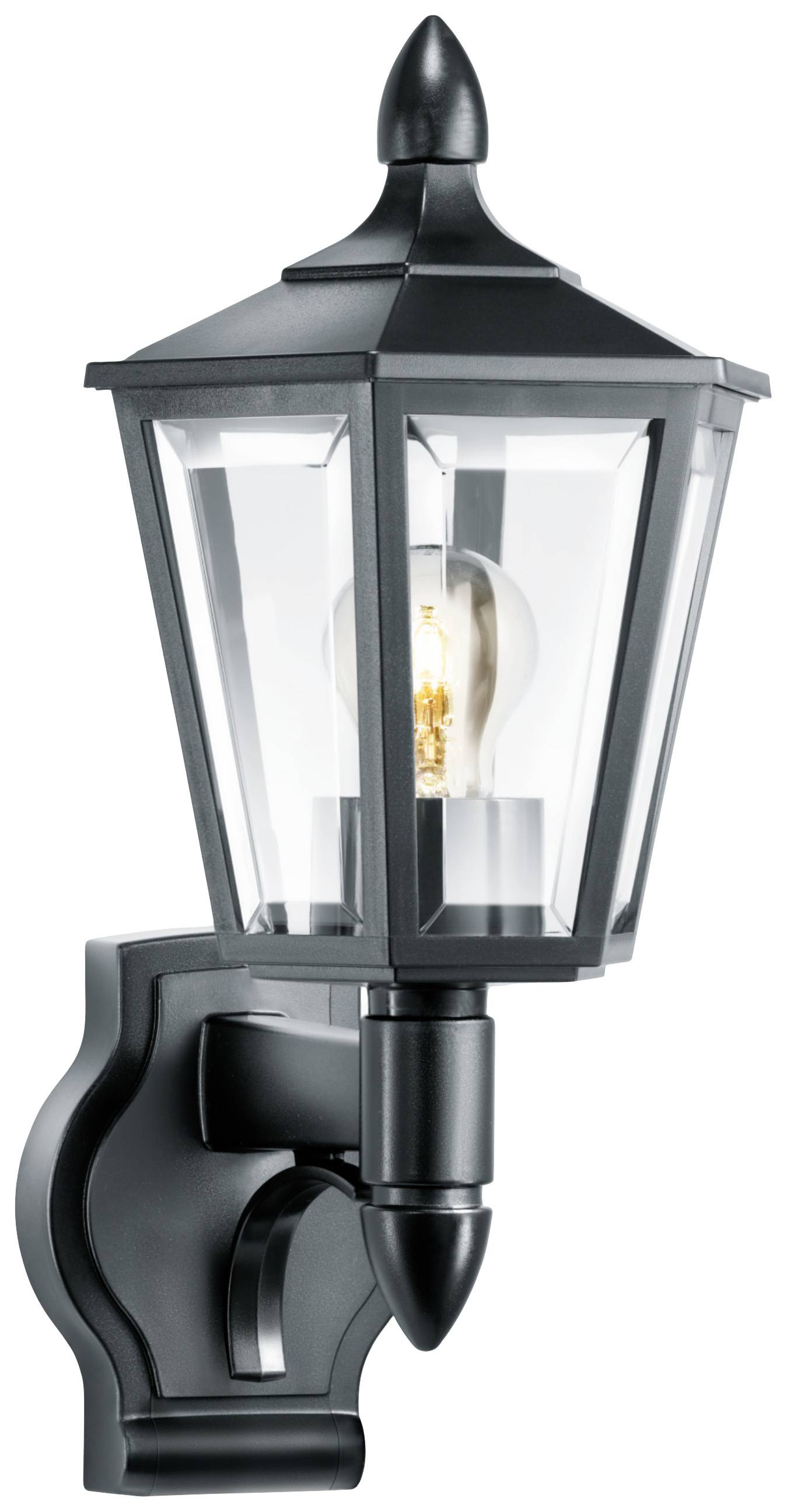 Applique murale extérieure noire de style lanterne classique avec verre transparent, une ampoule visible à l'intérieur.