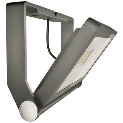 Un projecteur LED gris avec un boîtier rectangulaire et un support réglable, adapté à l'éclairage extérieur.