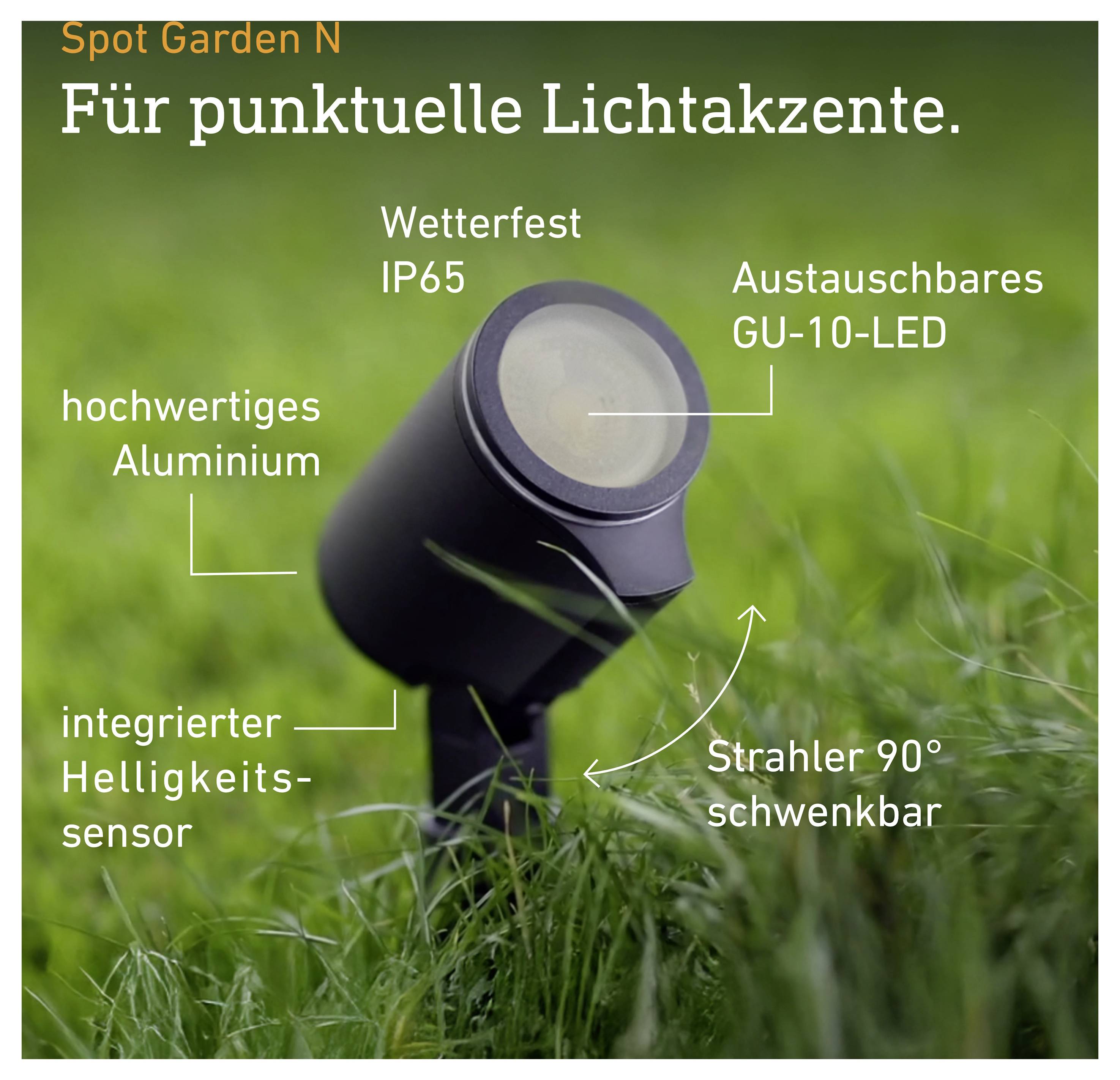 Image de produit d'un projecteur de jardin orientable noir dans l'herbe; le texte mentionne étanche IP65, LED GU-10 remplaçable, capteur de luminosité intégré et projecteur pivotant à 90°.