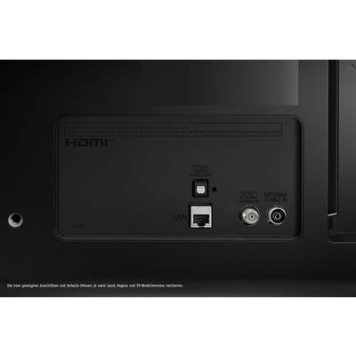 Vue arrière d'un téléviseur avec connexions HDMI, LAN, audio optique, antenne et câble d'alimentation.