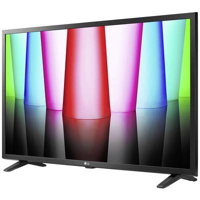 Un téléviseur à écran plat avec une image colorée à l'écran. Différentes colonnes de couleurs vives se reflètent sur une surface noire.