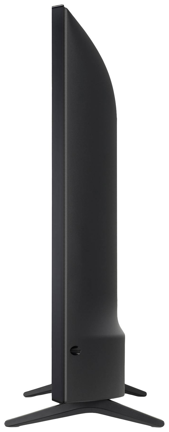 Vue latérale d'un téléviseur moderne et plat avec un cadre étroit, monté sur un support stable.