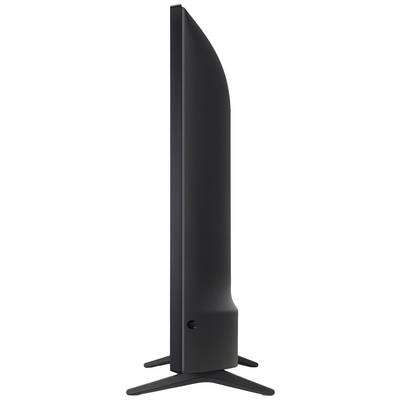Vue latérale d'un téléviseur moderne et plat avec un cadre étroit, monté sur un support stable.
