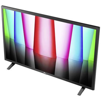 Un téléviseur à écran plat avec un fond strié verticalement coloré en bleu, vert, rouge et rose.