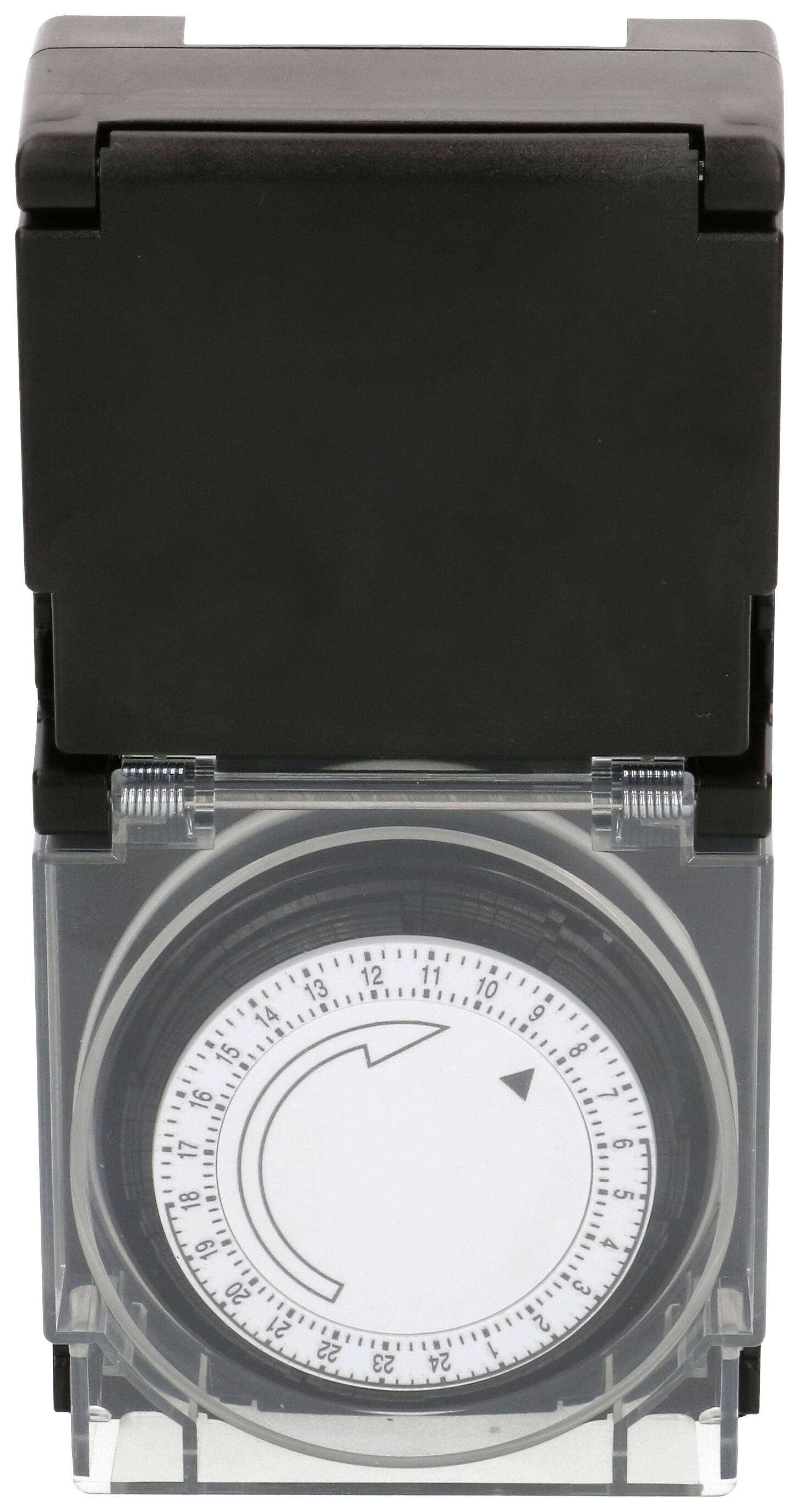 Un interrupteur d'horloge mécanique noir avec un disque rotatif permettant de régler les heures de marche et d'arrêt à intervalles réguliers.
