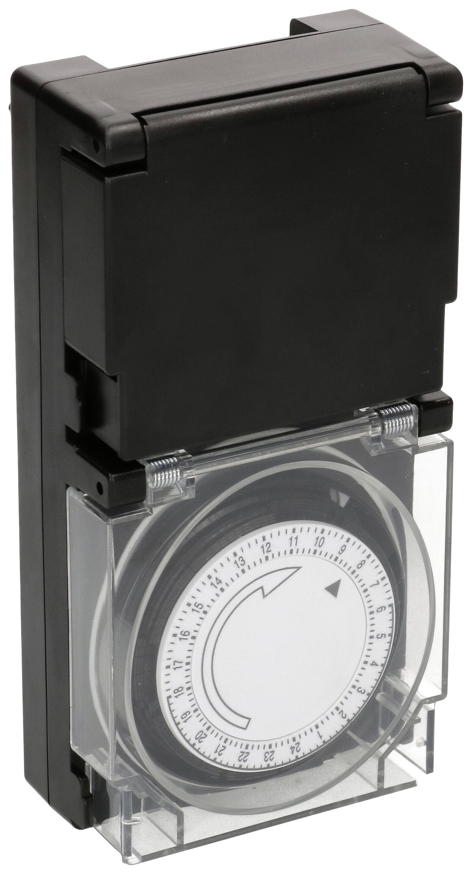 Un interrupteur horaire noir, rectangulaire, avec un boîtier de protection transparent et un cadran pour régler les intervalles de temps.
