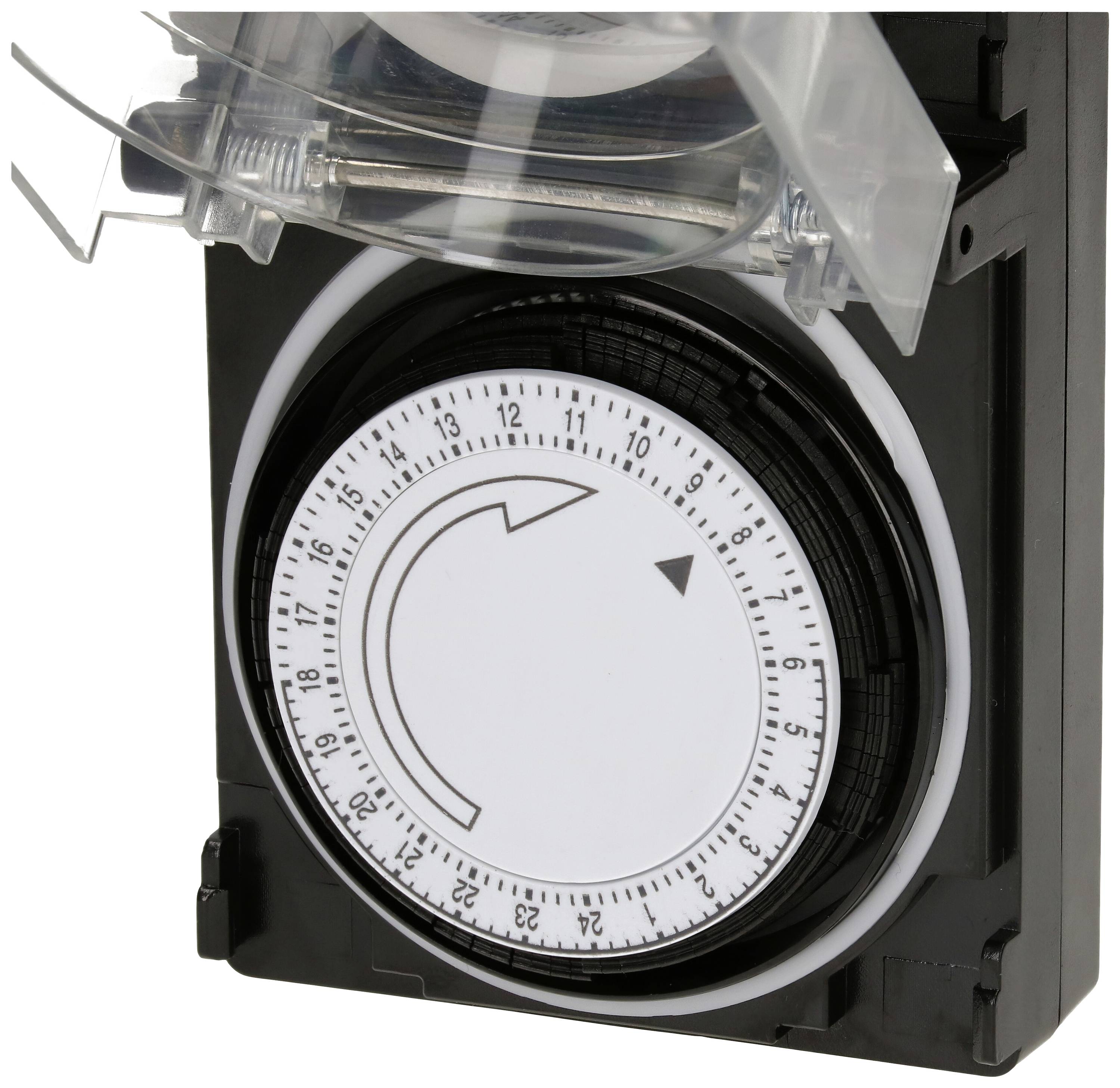 Une horloge mécanique avec un cadran de 1 à 24 heures, une flèche rotative pour le réglage de l'heure et un couvercle en plastique.