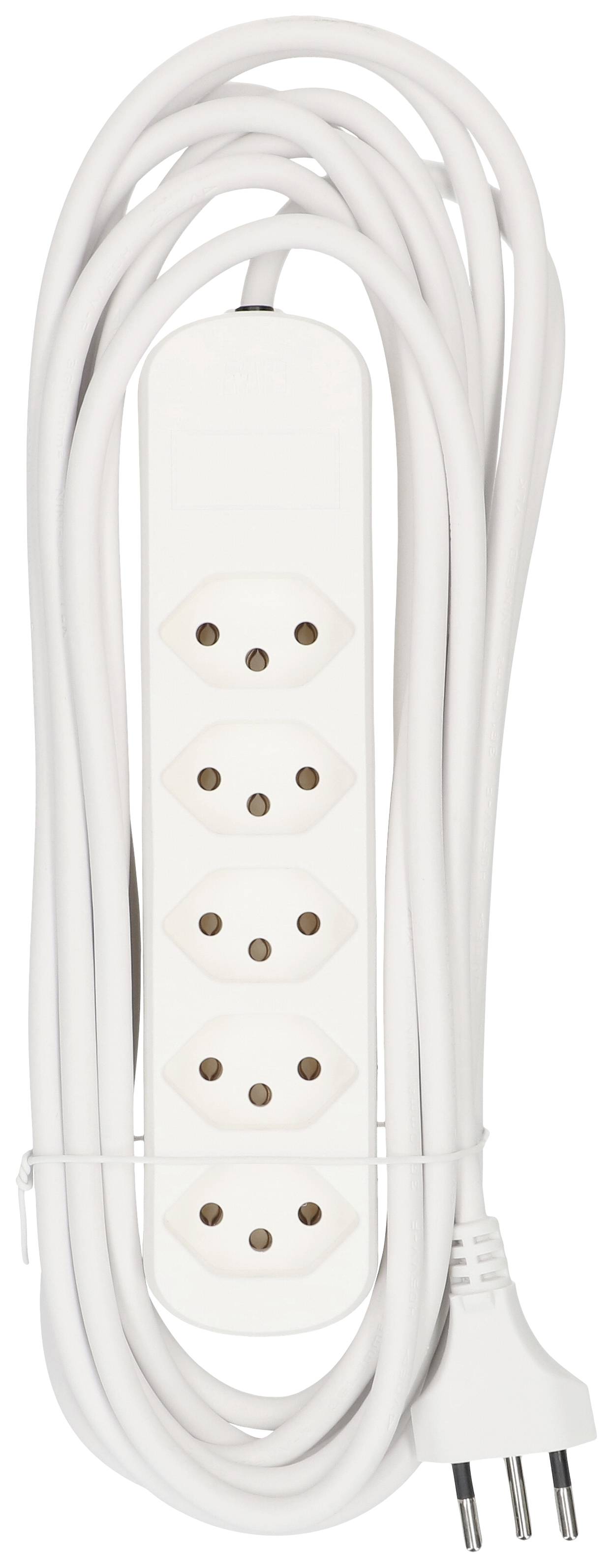 Multiprise blanche à quatre emplacements avec un long câble, adaptée pour étendre les possibilités de connexion des appareils électroniques.