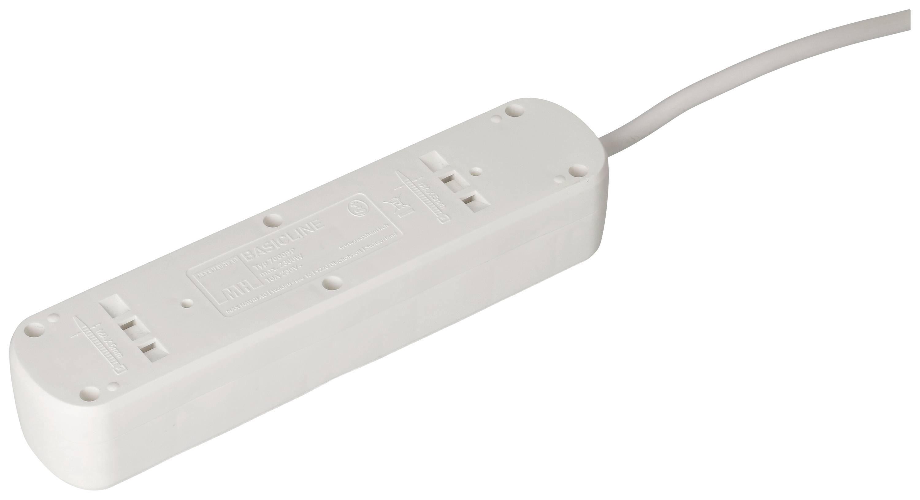 Multiprise blanche à quatre emplacements avec un long câble, adaptée pour alimenter plusieurs appareils électriques.