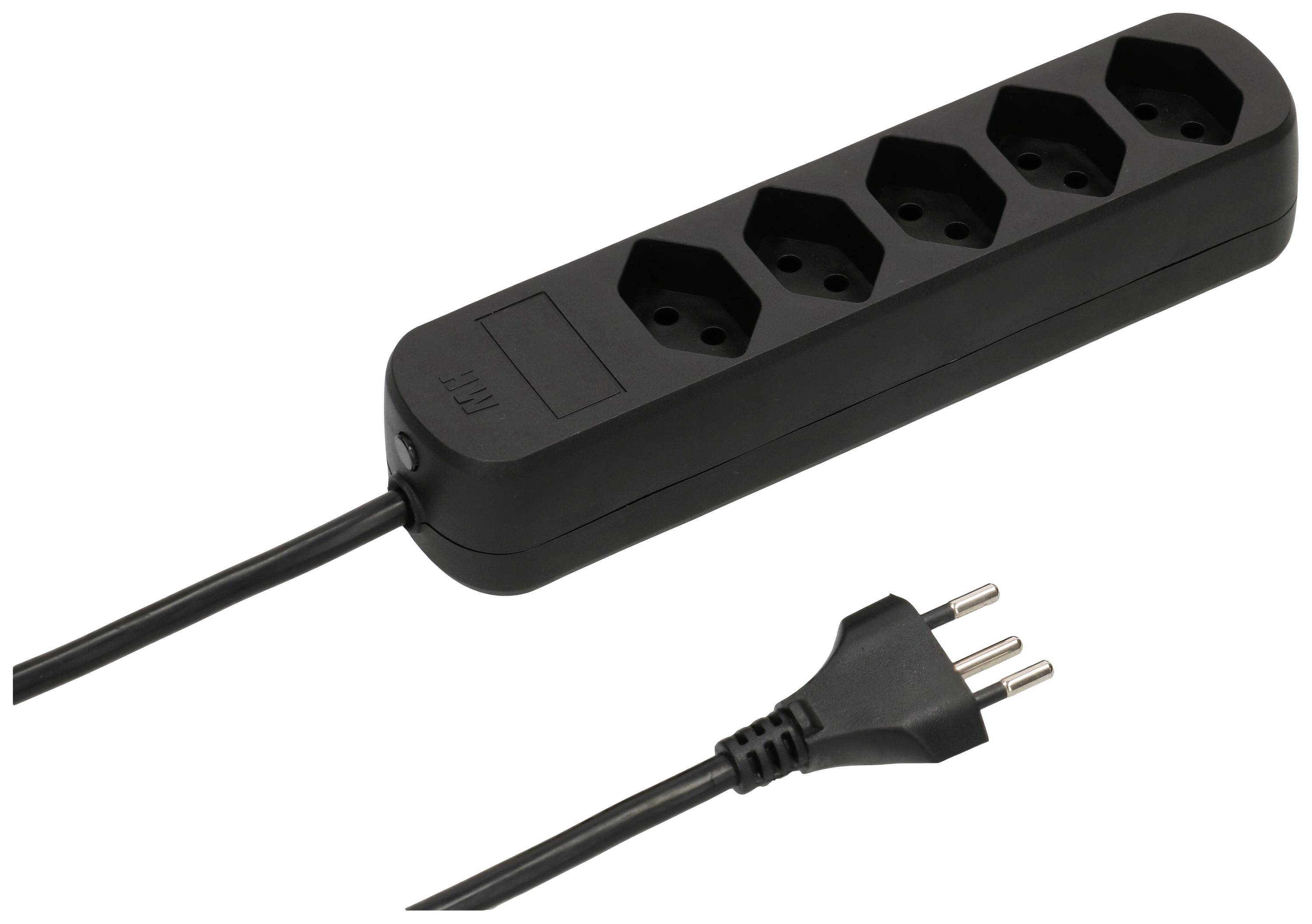 Un multiprise noir à cinq prises électriques avec une fiche secteur branchée.